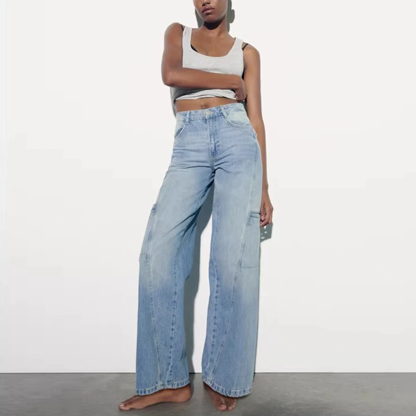 Calças Jeans Fenas de Perna Larga Verão 2025 Corte Reto Cintura Alta Casual F de Zíper Ajuste Solto Calças Longas Tem...