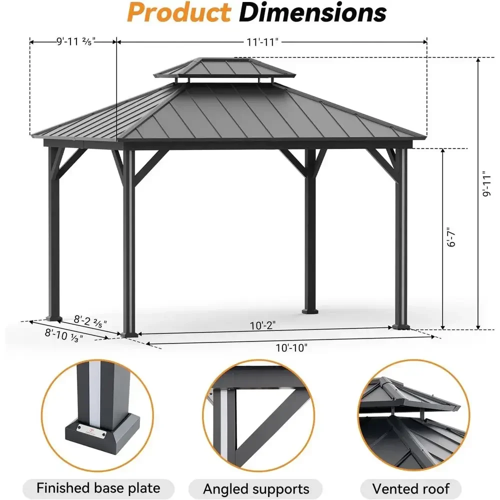 ern Shade Hardtop Gazebo 10' x 12' with 4 LED Lights, Outdoor Gazebo with Galvanized Steel Double Roo，our Seasons Pavilion with