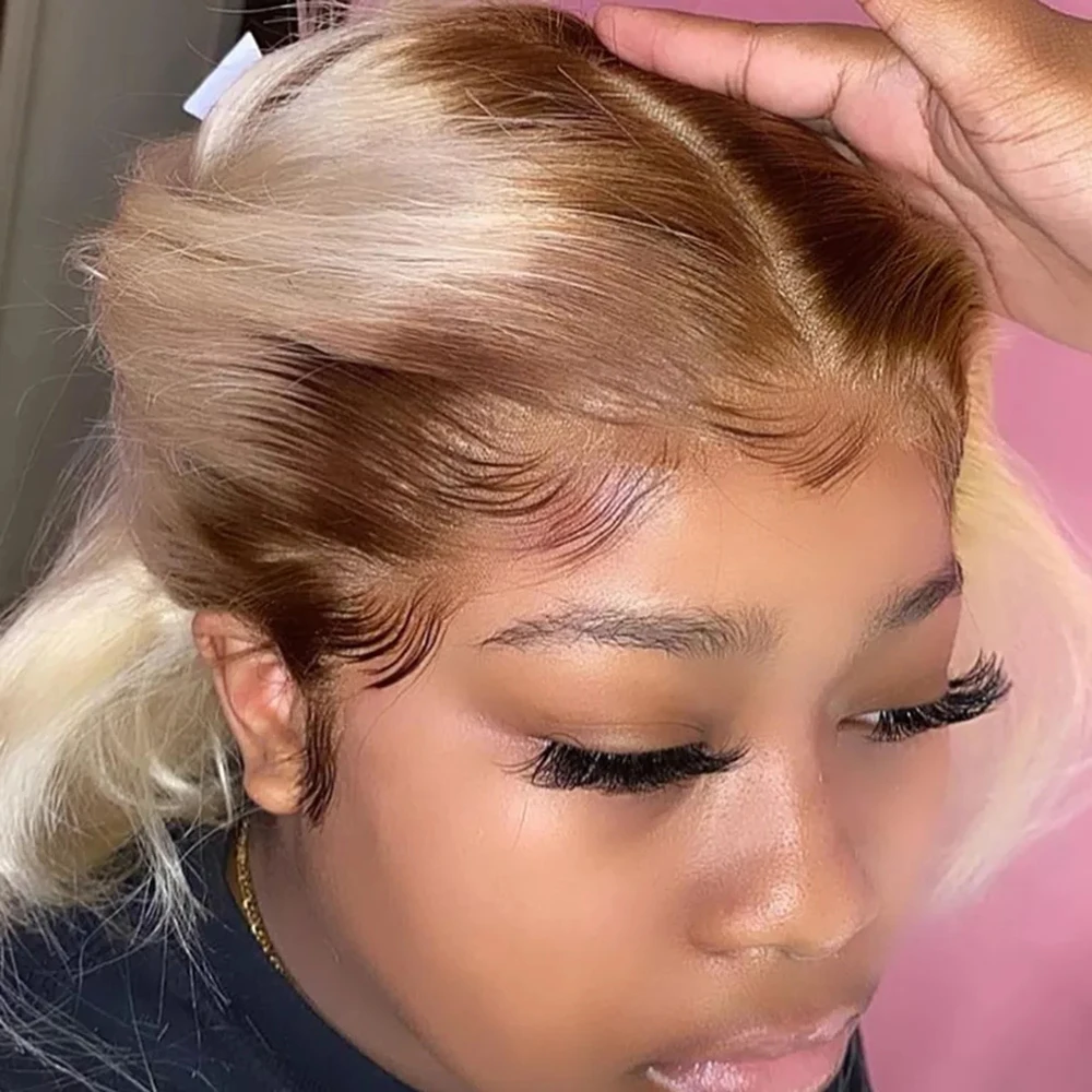 Ombre Blonde Bob 13x4 Lace Front Human Hair Wigs Dark Root #4/613 Honey Blonde Colored Short Bob Lace Frontal Wig Clearance Sale