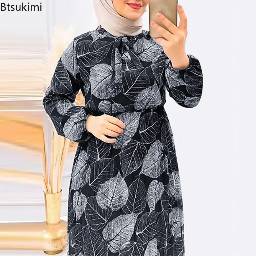 Muslim Fashion Abaya Loose Robe Women Caftan Islamic Clothing Retro Leaf Pattern Print Pleated Long Skirts Femme Casual Vestidos