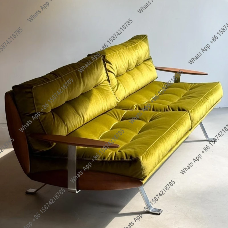 

Italian medieval style old money style golden velvet solid wood steel structure retro designer Bauhaus living room sofa