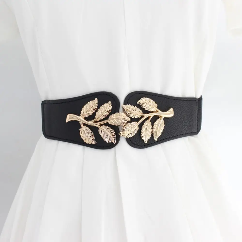 Exquisite Gold Leaf Women's Waist All-Match Luxury Design Hook Buckle Waistband Buttons Wide Belt Paired With Skirt