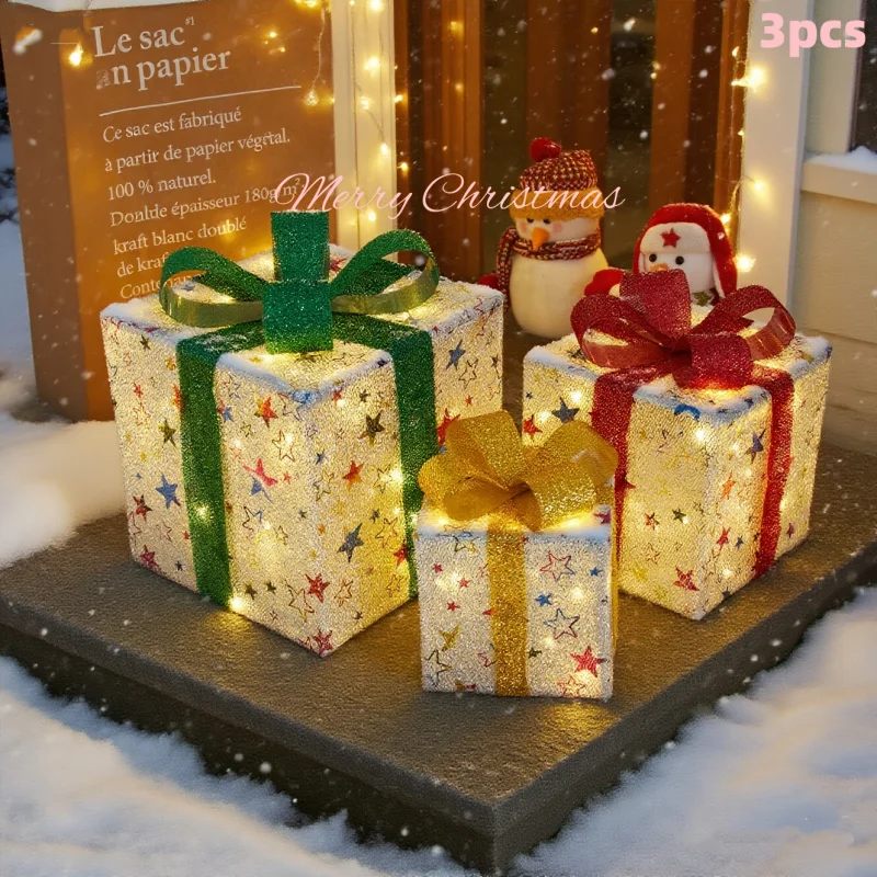 3-Piece Lights Set - Holiday decorations with ribbons, warm light, suitable indoor/outdoor use, sparkly