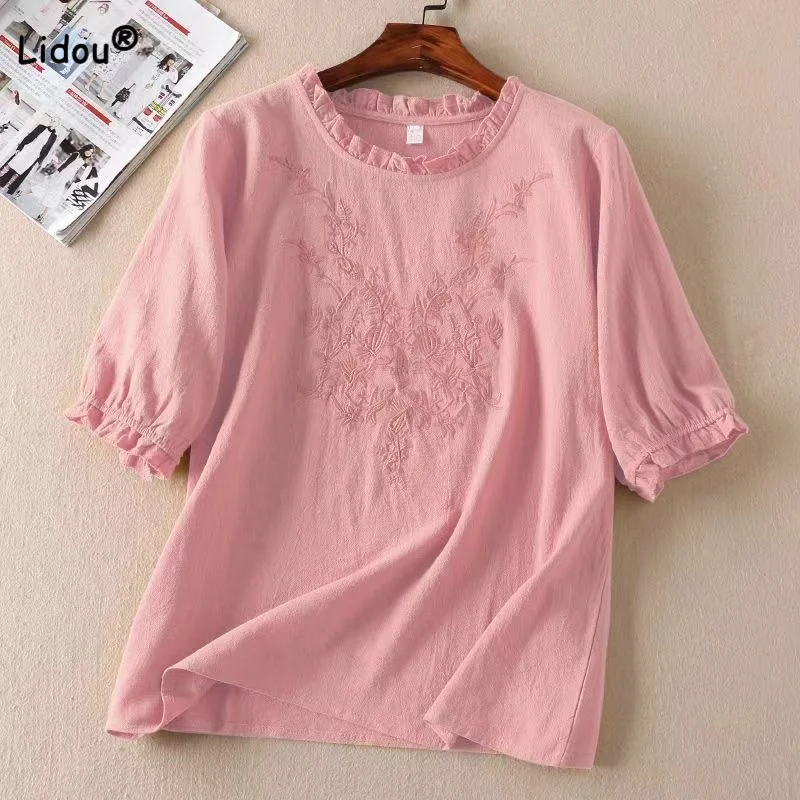 

Fashion Vintage Embroidery Solid Color T-shirt Summer Women's Clothing Loose All-match Short Sleeve Pullovers Tops for Female