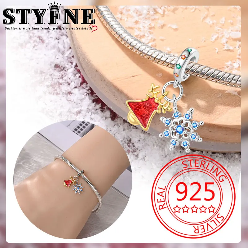 Symbols 2025 New Year Beads 925 Sterling Silver Gold Red Deer Bell Blue Blue Zirconia Snowflake Charms Women's Jewelry DIY Gift