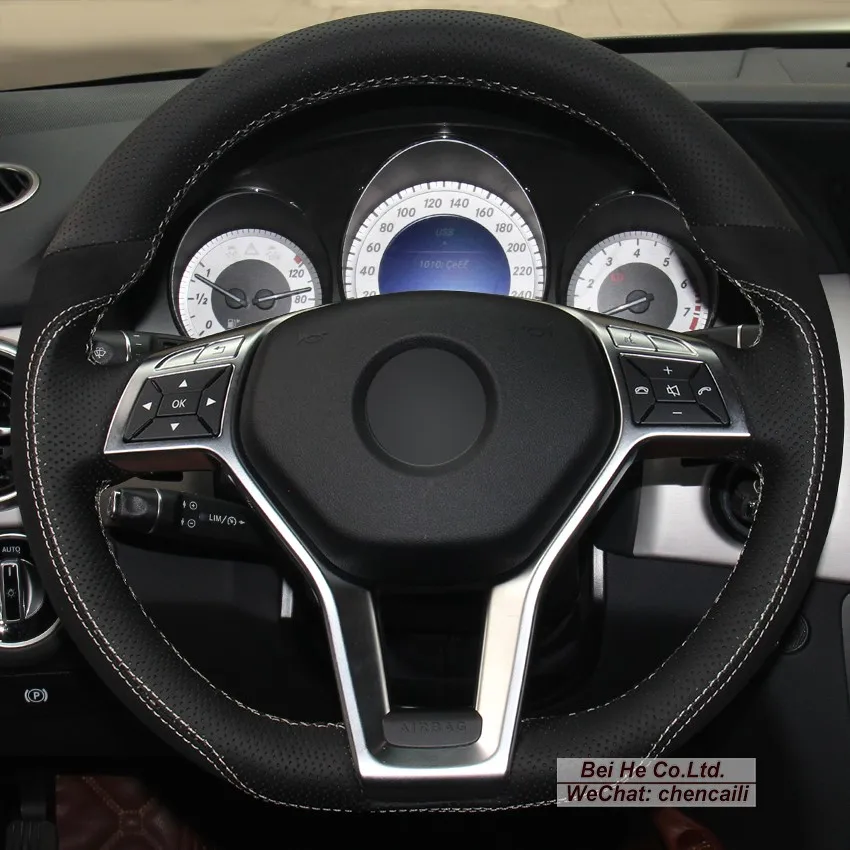 

Hand-Stitch Non-slip Black Genuine Leather Suede Steering Wheel Cover for Mercedes Benz GLK 260 300 Interior Accessories