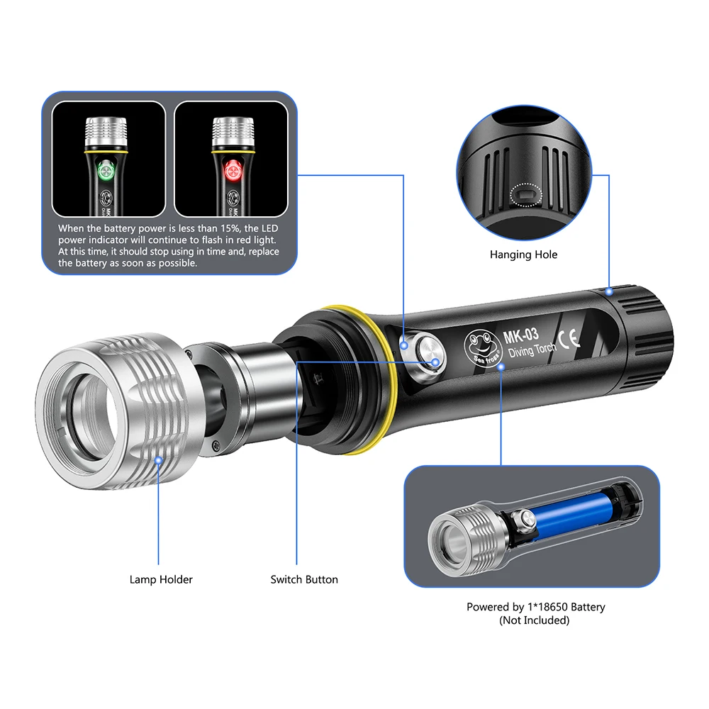 Seafrogs MK-02 MK-03 MK-05 MK-07 SF-L03 6000LM Professional Diving Flashlight Underwater Diving Strobe Light