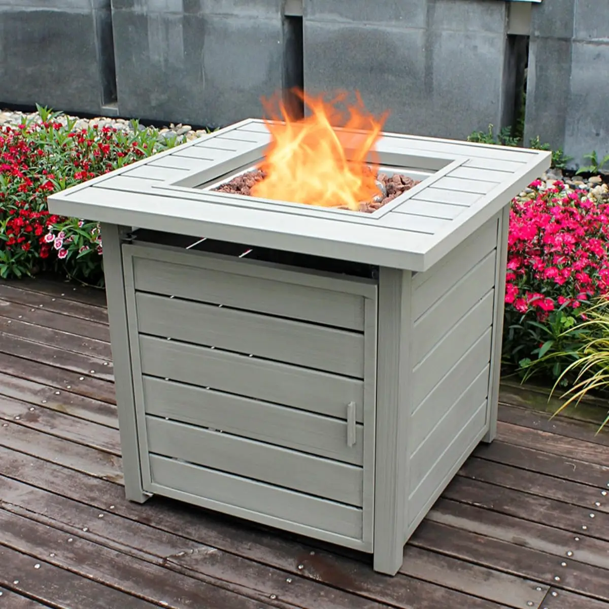 Propane Fire Pit with Lid &Lava Rocks, Gas Fire Pits Table for Outside, Light Grey Fire Pit Table for Dinning, Party, Patio
