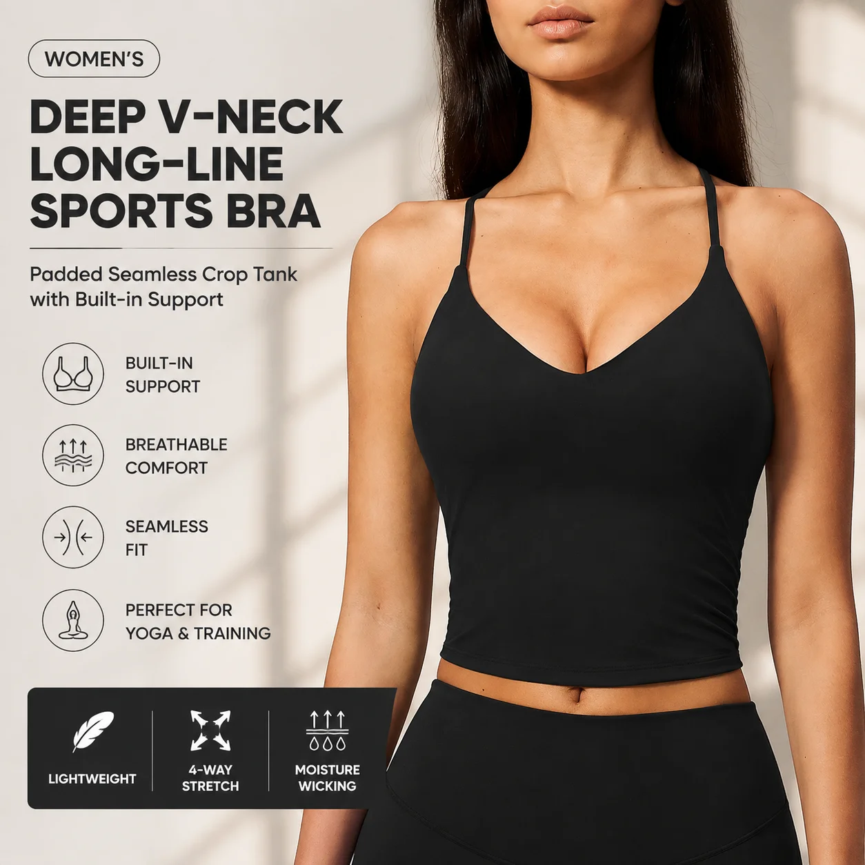Women's Spaghetti Strap Deep V-Neck Longline Sports Bra Padded Seamless Workout Crop Tank Top with Built-in Support for Yoga Gym