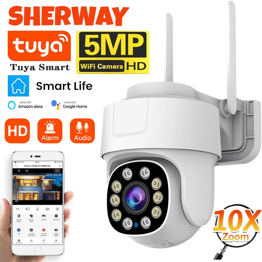 Tuya Wifi PTZ Camera Outdoor 10X Zoom Security IP Camera 5MP Full Color Night Vision Audio Surveillance Human Motion Detection