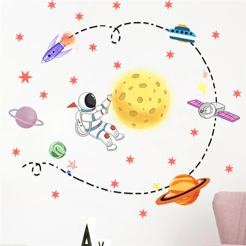 Cartoon Astronaut Starship Rocket Satellite Wall Stickers For Kids Room Home Decor Space Mural Art Nursery Decal Pvc Poster