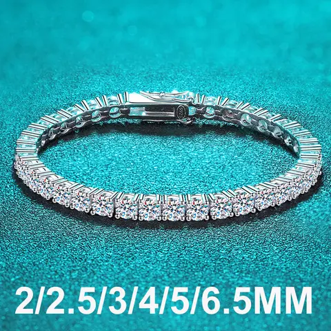 여성을위한 2-5mm 진짜 Moissanite 테니스 팔찌 크리스마스 선물 백금 도금 100% 925 스털링 실버 웨딩 쥬얼리