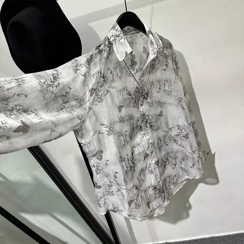 Popular High-Grade See-through Printed Loose Long Sleeves Shirt Retro Fashionable Thin Clothing for Men and Women