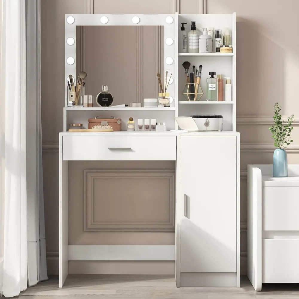 

Vanity Makeup Desk with Mirror and Light, Large Drawer and Three Level Storage Dresser, 3 Lighting Modes Adjustable Brightness