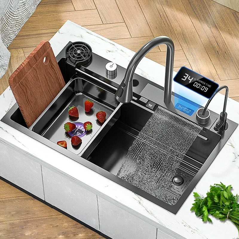 

Waterfall Sink 304 Stainless Steel Sink Large Single Slot Sink Faucet Kitchen Sink Wash Basin for Kitchen Accessories