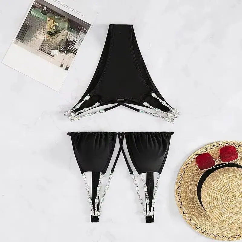 럭셔리 다이아몬드 체인 비키니 반짝 이는 라인 석 두 조각 수영복 2025 새로운 높은 허리 수영복 크로스 붕대 수영복 여름