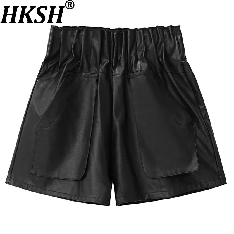 

HKSH Summer New Women Shorts PU Leather Elastic Waisted Pockets Solid Color Slimming Versatile Chic Wide Leg Short Pants HK16508