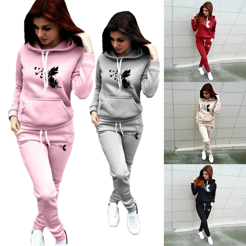 

New Women's Set Fashionable Feather Running Set Slow Running Two piece Set Long sleeved Hooded Slow Running Sportswear