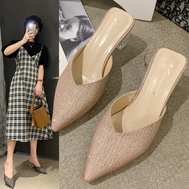

Женские шлепанцы, летние прозрачные туфли на каблуке, шлепанцы с острым носком, модные туфли на низком каблуке с квадратным каблуком, высокая роскошь