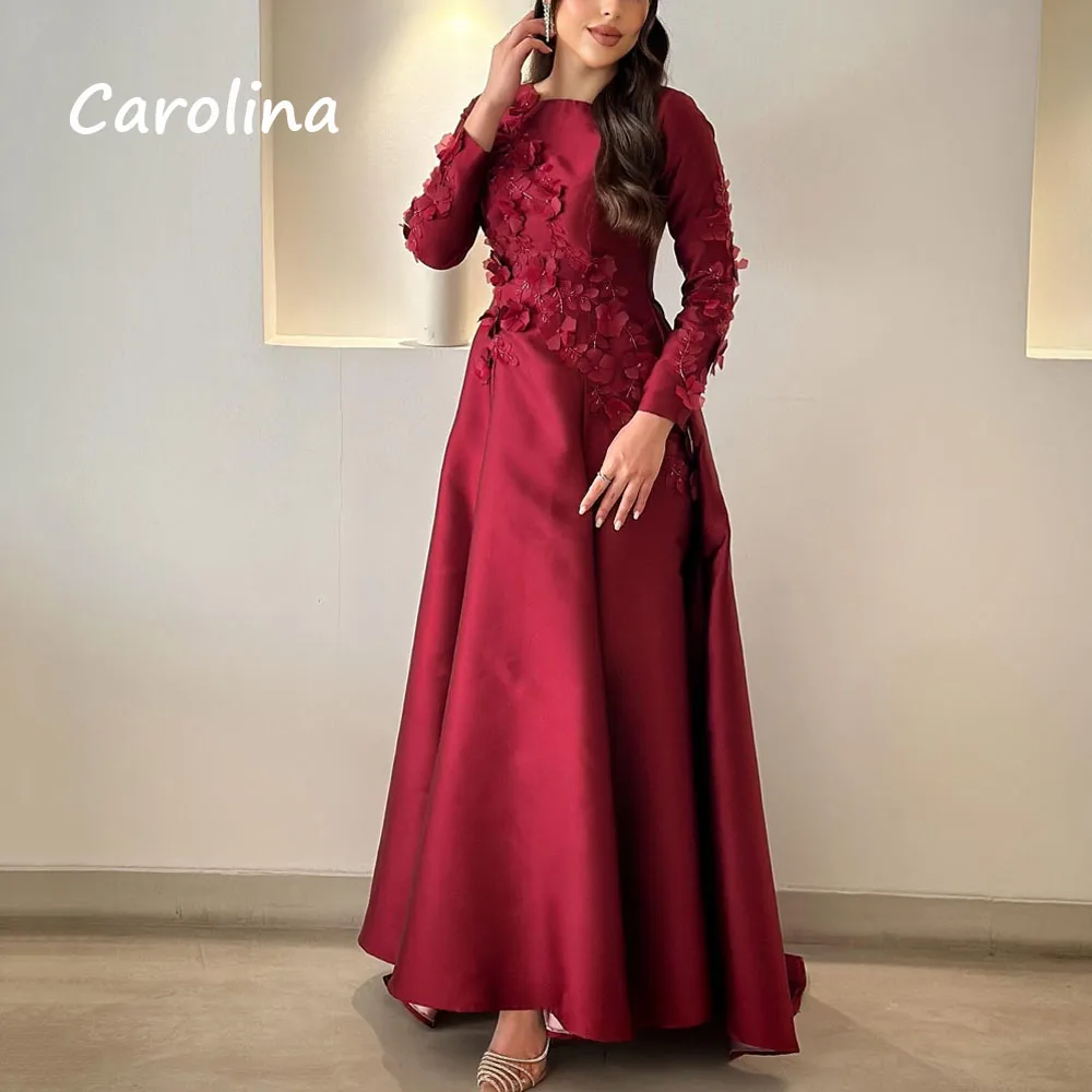 Carolina Wine Red Simple O-Neck Appliques A-LINE Formal Evening Dress Saudi Arabia 2024 Slim Long Satin Floor-Length Prom Dress