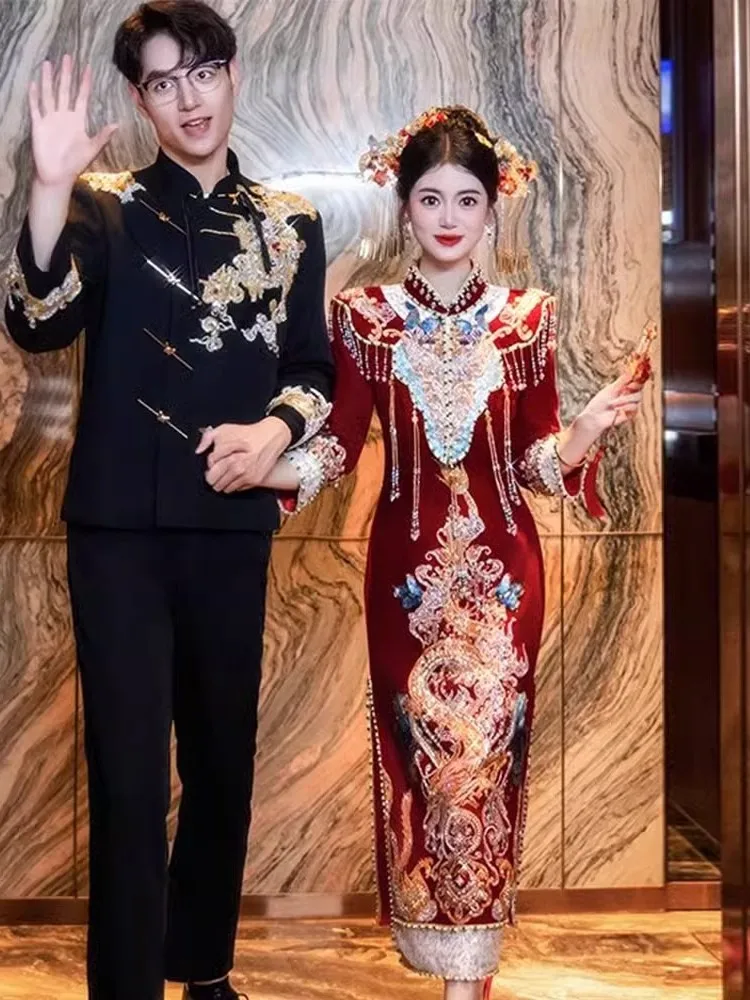 

Velvet cheongsam wedding style new Chinese-style dress toasting dragon and phoenix for the ceremony