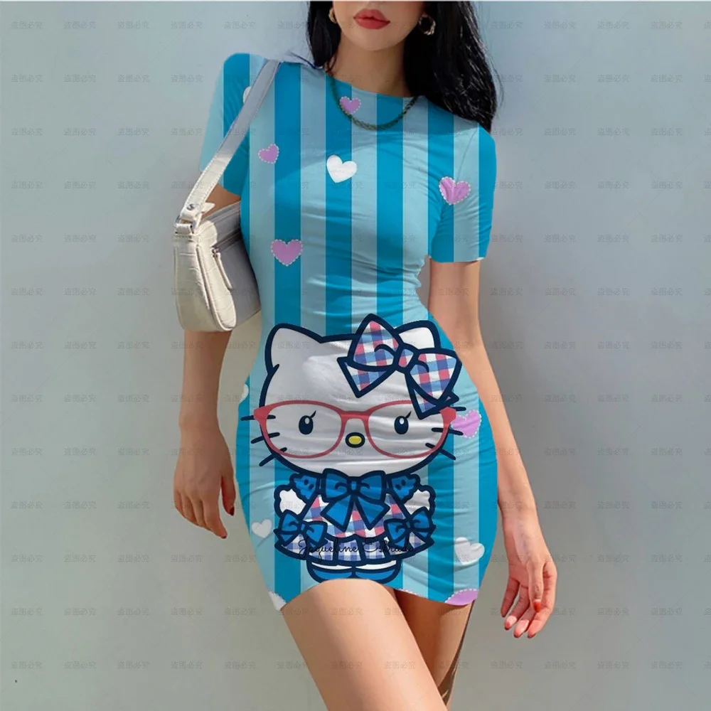 Hello Kitty Mini Dresses For 3D Womens Vestido Short Sleeve Slim Bodycon Dress Tunic Crew Neck Casual Pencil Dress New Arrival