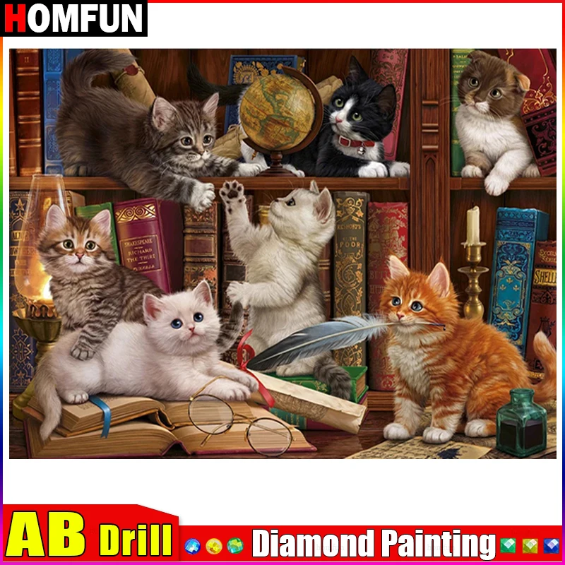 

HOMFUN AB Diy Full Square Round Drill 5D Diamond Painting Cross Stitch Diamond Embroidery "Animal Cat" Home Decor Gift