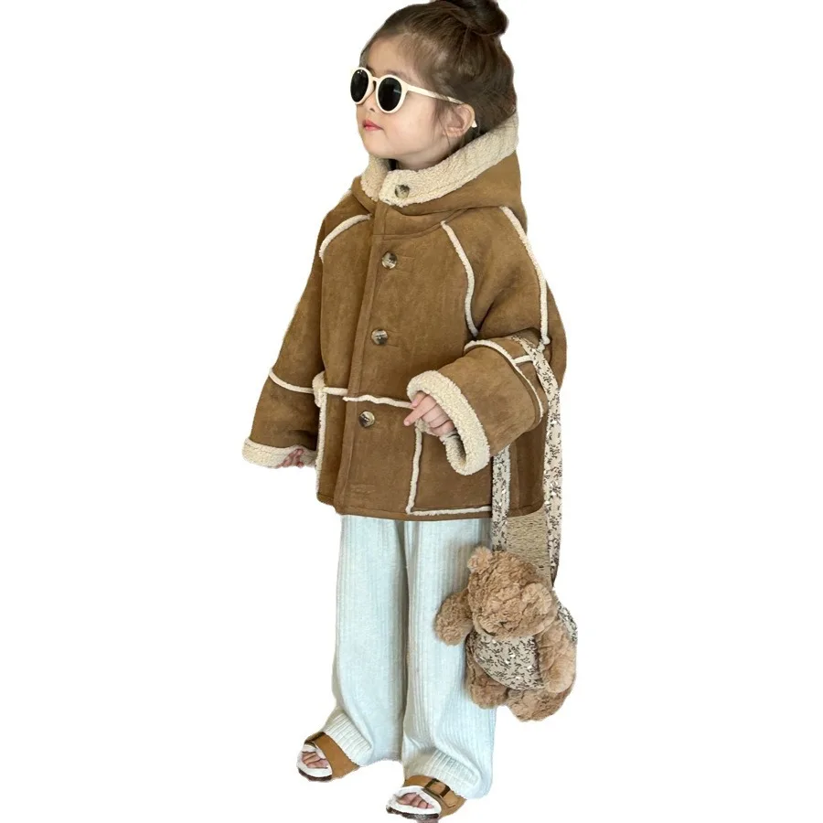 Children's Winter Coat 2023 Girls' Double-sided Wear Thickened Lamb Wool Coat Thickened Fleece Top Winter Two Piece Set Fashion