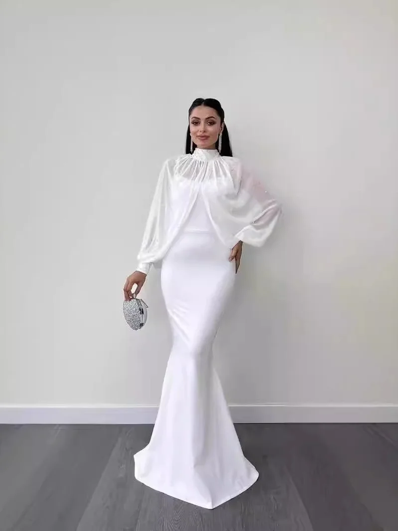 

Ele Arabic Muslim Women's High Collar Gown with Sa Fi Tail Skirt Long Sve Beaded Top for 25-35 Years Old Women