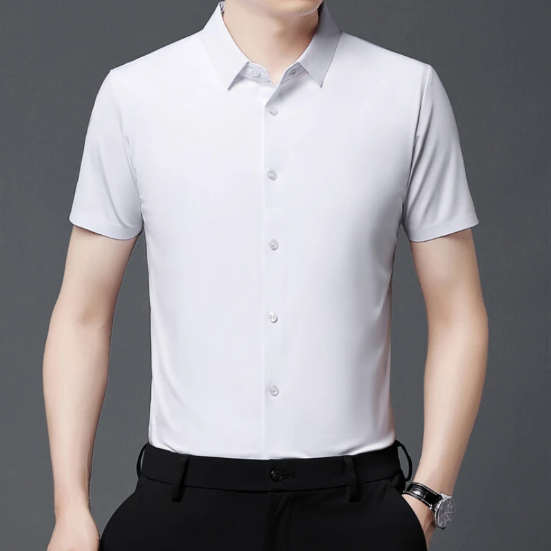 Men\'s Ultra Stretch Short Sleeve Shirt Business Casual  Breathable Stretchable Abrasion-Resistant Solid Color Short Sleeve Shirt