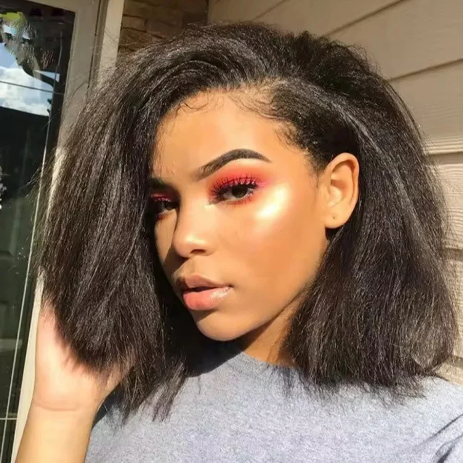 

Kinky Straight 250% Density 13x4 HD Full Lace Frontal Short Bob Human Hair Wig Glueless Lace Front Wig Women Coarse Yaki Closure