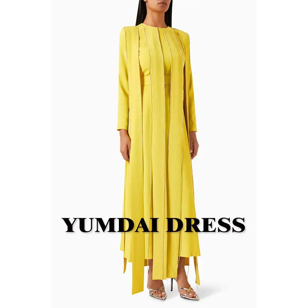 YUMDAI O Neck Evening Gown Crystal Ankle A-Line Formal Occasion Yellow Dress New Style 2024 Dubai Wedding Guest Shawl Dress