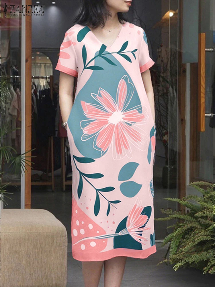 ZANZEA V-Neck Floral Print Vestidos Mujer Woman Short Sleeve Casual Loose 2025 Summer Midi Robes Femme Day Wear T-Shirt Dresses