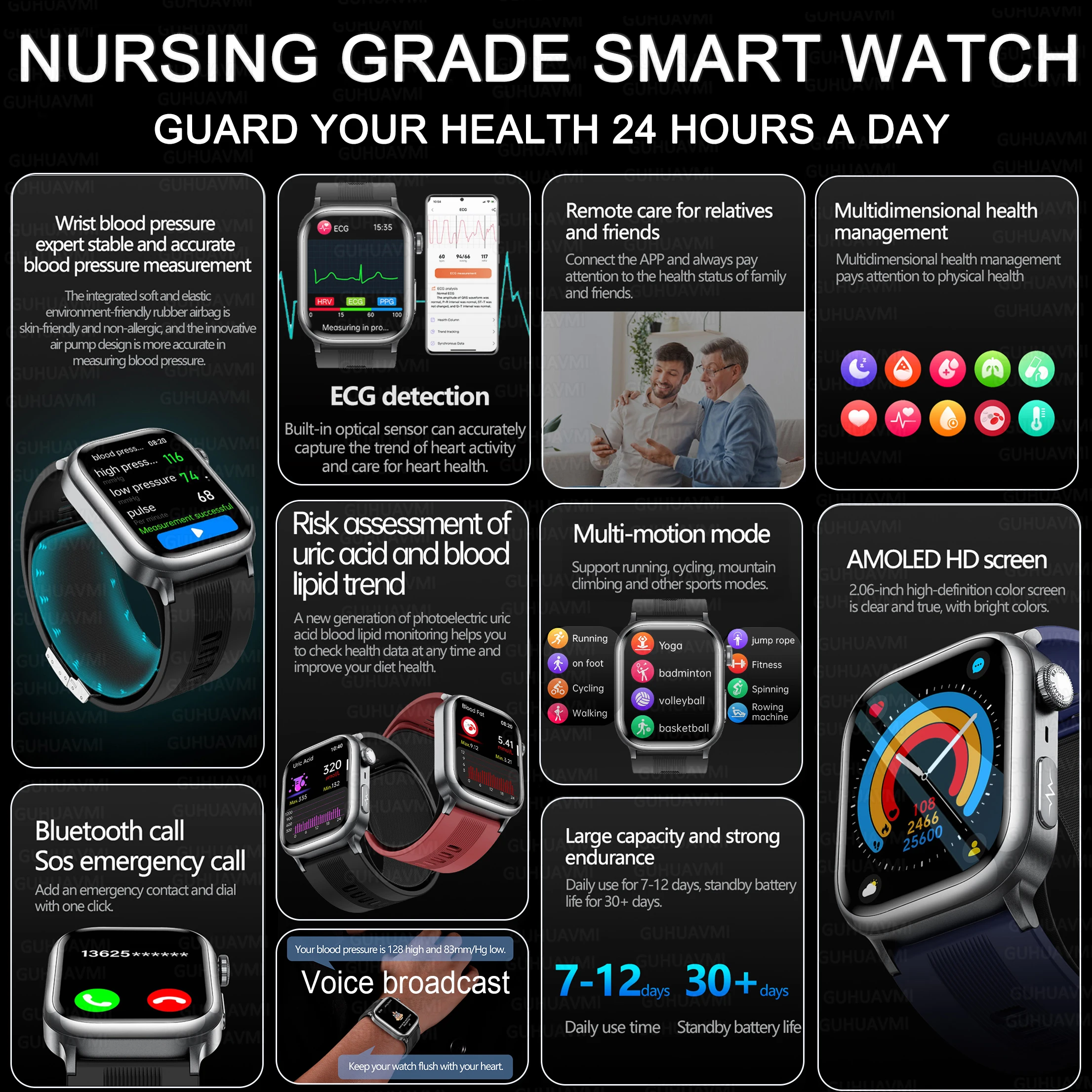 2025 New Nursing Grade ECG+PPG  Air Pump Airbag Blood Pressure Smart Health Watch Uric Acid Lipid HD Call Smartwatche Men Woman