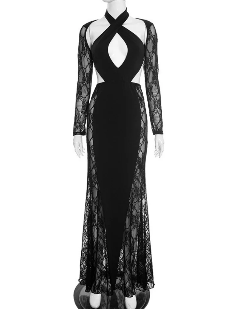 Wmstar vestidos para mulheres atacado vestido feminino sexy renda halter e cordão emparelhado manga comprida xale gota compras