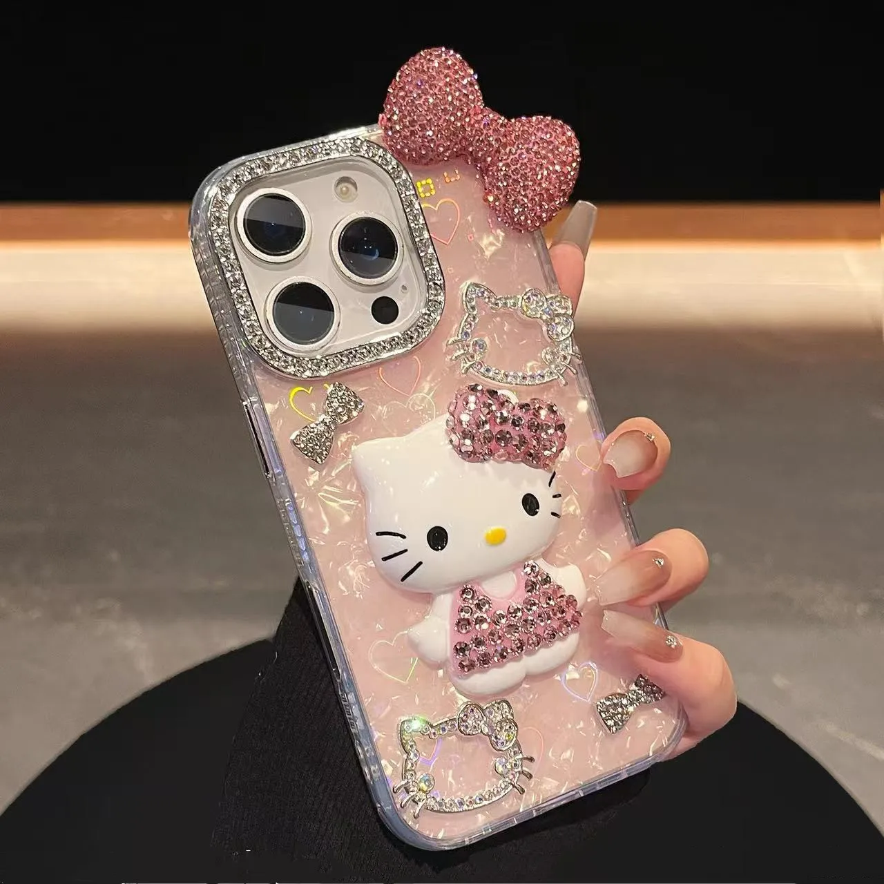 3D estereoscópico lindo dibujos animados Sanrio Hello Kitty Bling Glitter funda de teléfono para iPhone 17 16 15 14 13 12 11 Pro Max cubierta dura