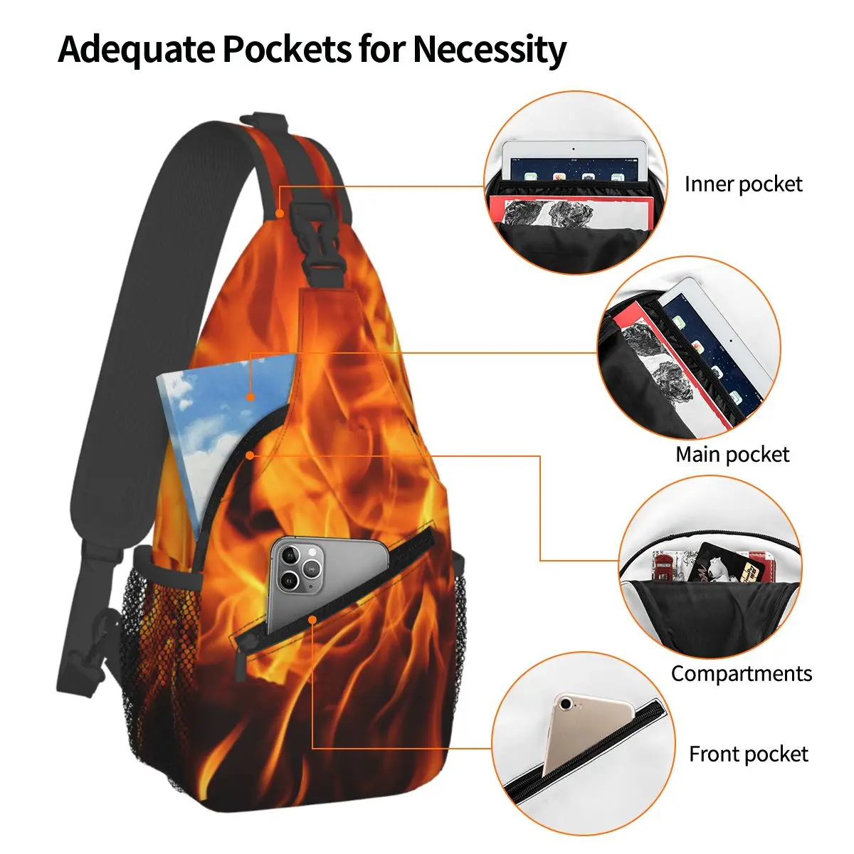 Fire Flames Chest Bag Men Sling Crossbody Backpack Chest Bag Travel Hiking Daypack Shoulder Bag