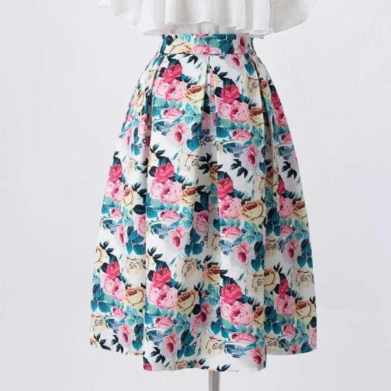 

Flower Floral Painting Elegant Chic High Waist Ball Gown Loose Women's Skirt Knee-Length Long Skirts For Women Clothing Fashion