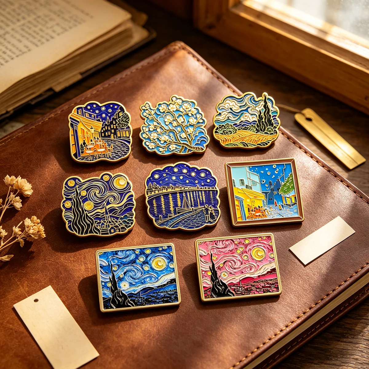 8-teiliges Van-Gogh-Kunst-Broschen-Set, Sternennacht-Metall-Emaille-Anstecknadeln, Abzeichen für Rucksack, Kleidung, Accessoires, Schmuck, Geschenk für Freunde – Detail 6