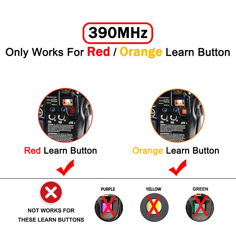 Imagem -03 - para Liftmaster 971lm 973lm 972lm 974lm 91lm 92lm 94lm 96lm Abridor de Porta de Garagem 390 Mhz Chamberlain 950cb 953cb 956cb Botão de Aprendizagem Vermelholaranja