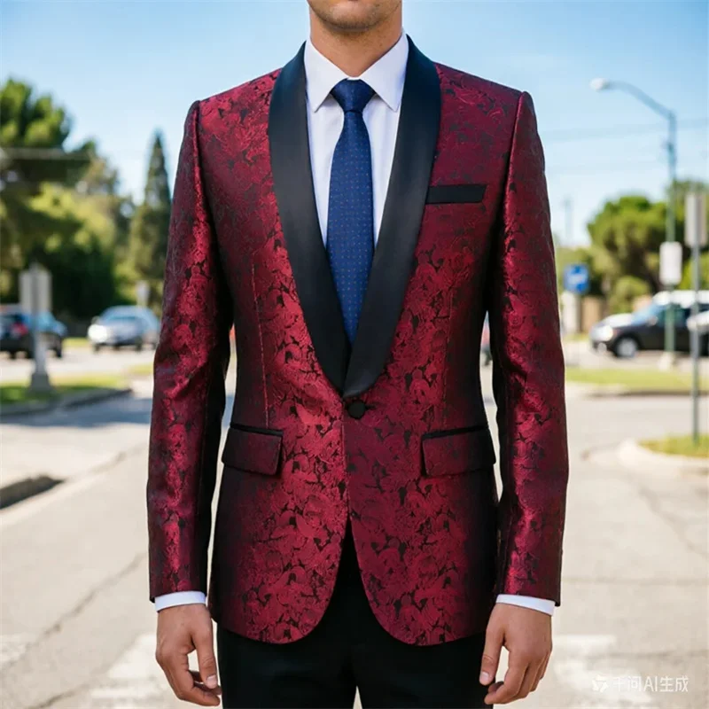 Men's high-end red jacquard suit top, suitable for business and leisure, weddings, parties, trendy jackets in European sizes.