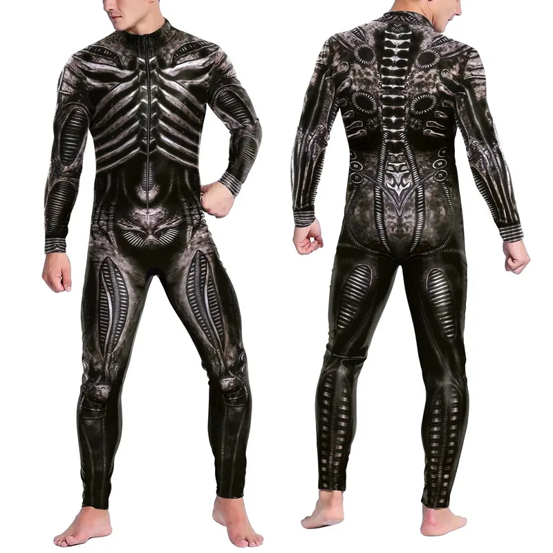 

Men Women 3D Machine Skeleton Zentai Bodysuit Punk Jumpsuit Halloween Party Carnival Cosplay Costume Performance Romper