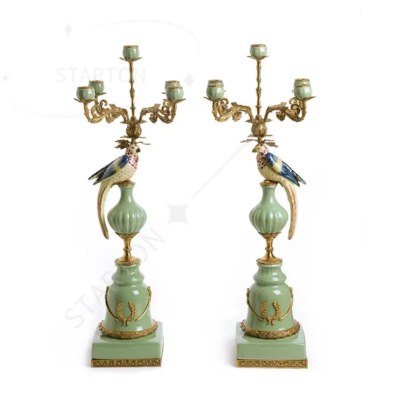 Home Decor Parrot Porcelain Candlestick Bird Multi 5 Heads Brass Ceramic Candle Holder for Wedding Decoration