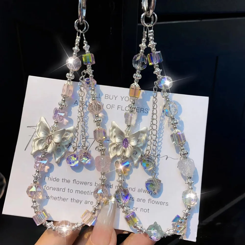 أنيق سبيكة فراشة كريستال الخرزة المفاتيح انفصال بريق مفتاح قلادة ملونة حزام الهاتف النساء الفتيات