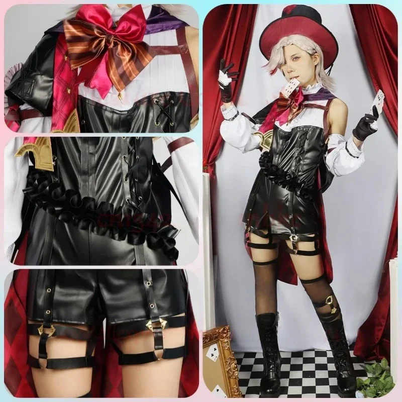Disfraz de Lyney Lynette versión de cuero 2025, conjunto completo Genshin Impact Lynette Lyney, traje de Cosplay, uniforme, trajes