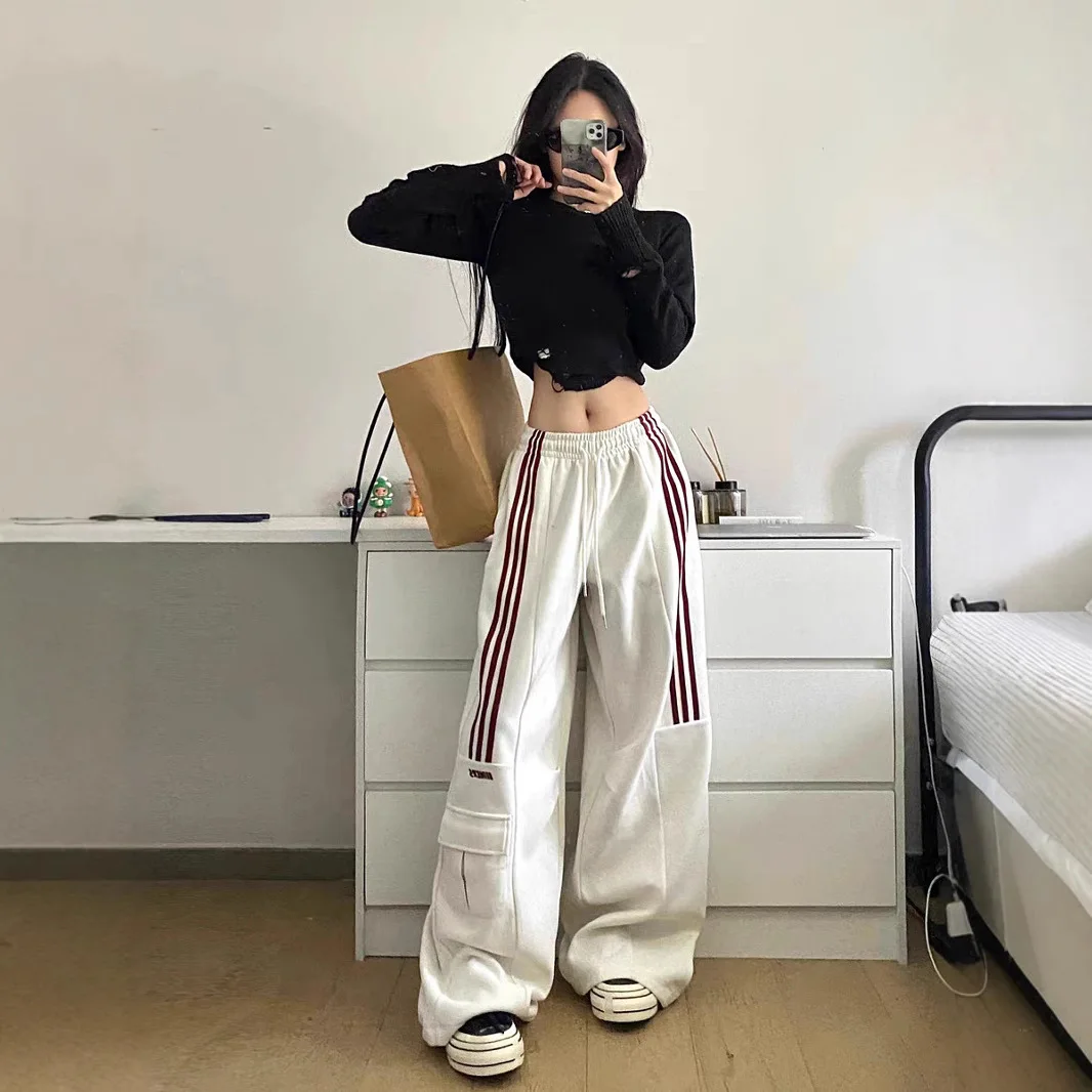

retro hip-hop drawstring wide-leg pants women's high waist loose casual sports straight sweatpants hip-hop mopping pants tide
