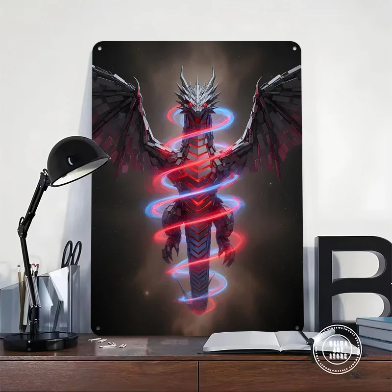 Metallic Dragon With Glowing Energy Printed Poster Customized Retro Wall Art Vintage Metal Tin Signs for Home Garage Decoration