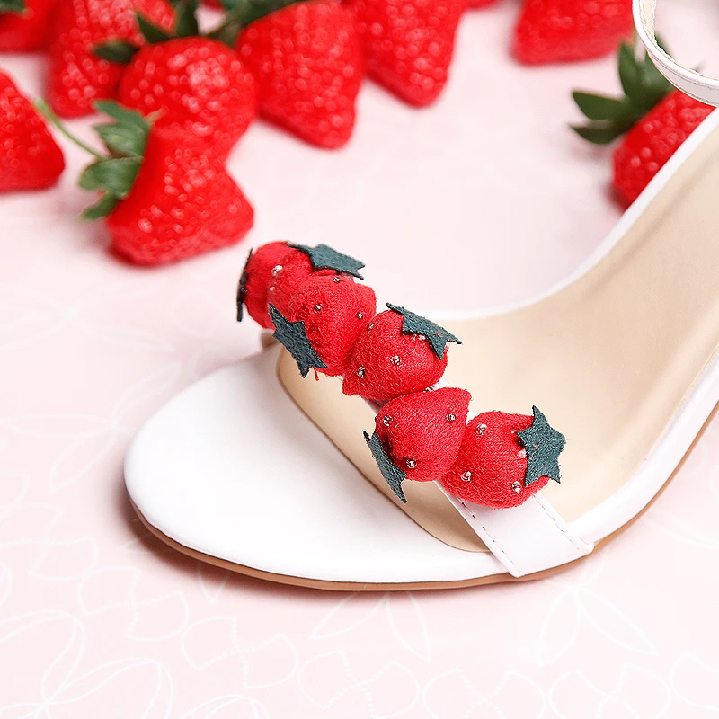 Sweet Style Strawberry String Sandals Open Toe One-button Ankle Strap Pu Leather Women Summer Hollow Pumps Student Daily Wear