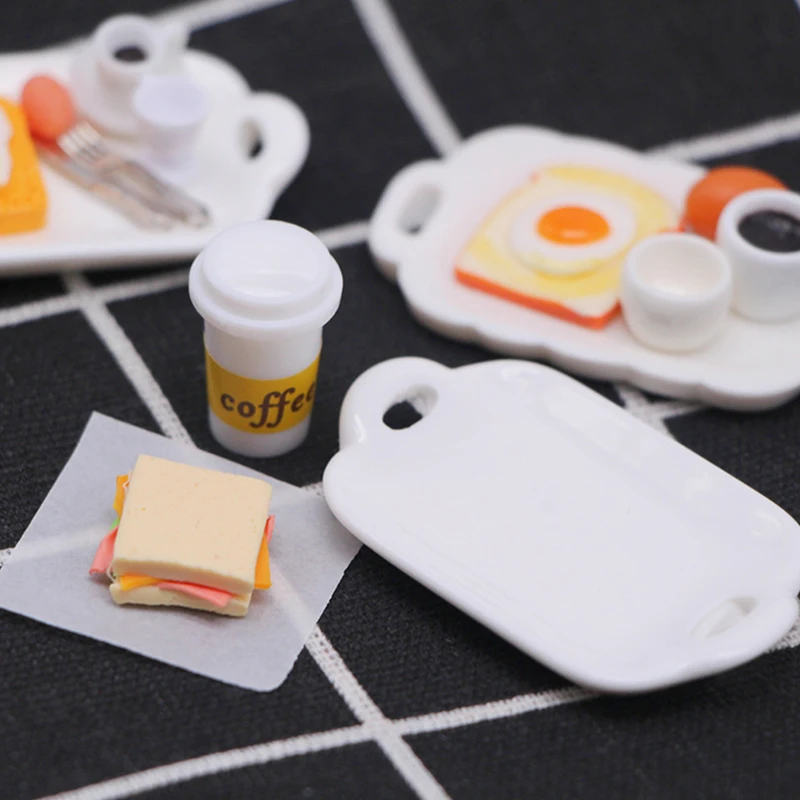 1Set 1:12 Dollhouse Miniature Toast Bread Coffee Egg Fork Spoon with Dinner Plate Kitchen Breakfast Model Decor Toy