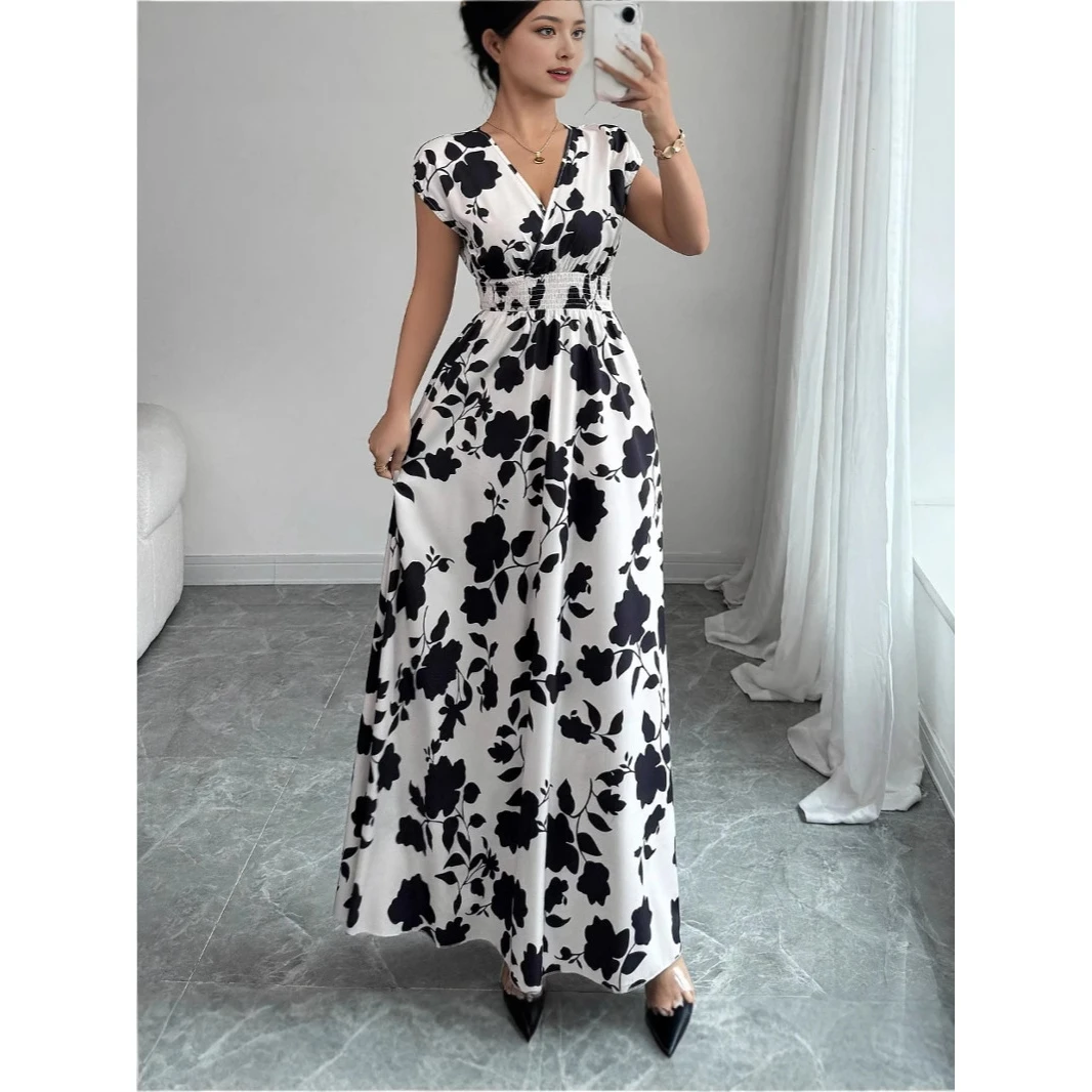 Elegant Short Sleeve Printed V-Neck Long Dress Women's High Waist A-Line Skirt Summer Cross-Border Fashion Dress